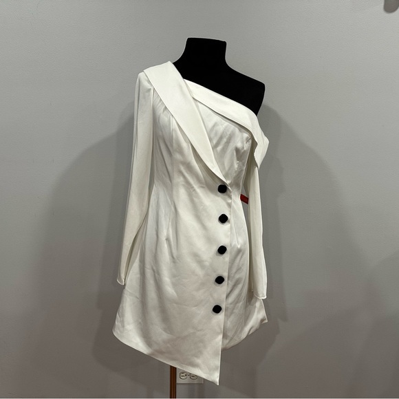 Mac Duggal 26734 Drop Shoulder Faux Tuxedo Mini Dress White 4 NWOT - Picture 2 of 7